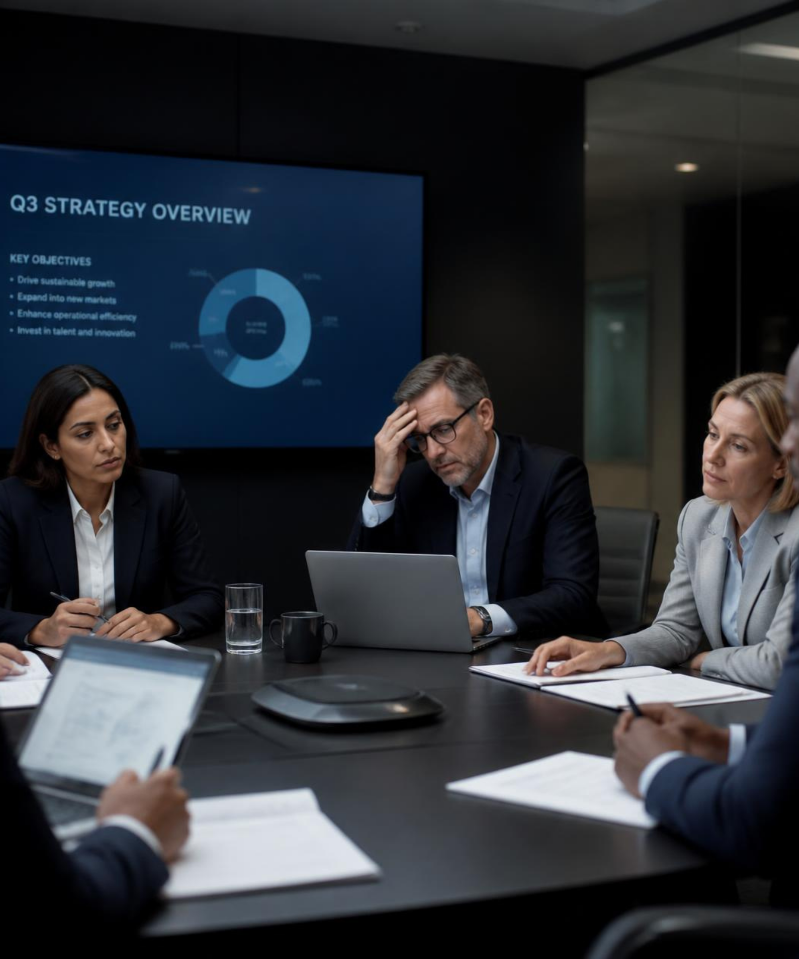 Executive team under pressure in a boardroom, illustrating the business cost of low employee energy and burnout